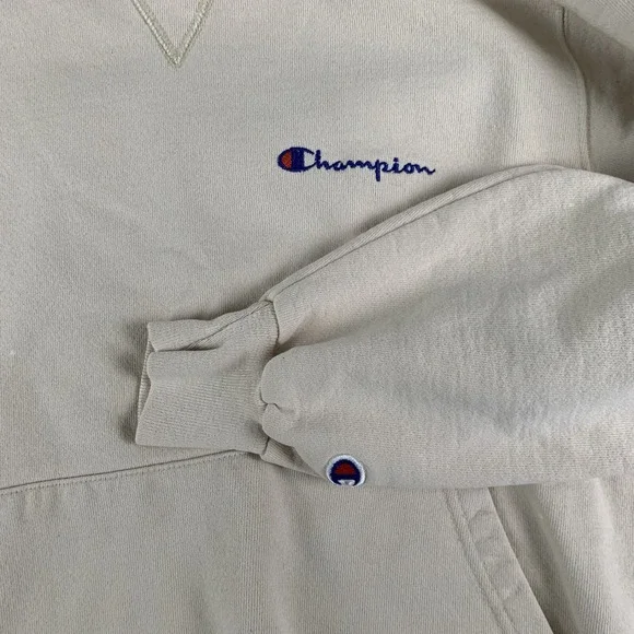 Vintage 90s Champion Hoodie Sweatshirt Pullover Beige M USA Spell Out Rare Color - Picture 9 of 10